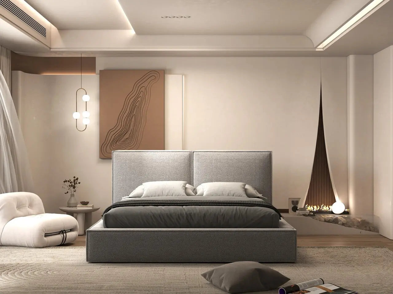 Pat dormitor dumonde, tapitat gri, Dreamer 160x200 cm, somiera rabatabila inclusa, spatiu depozitare