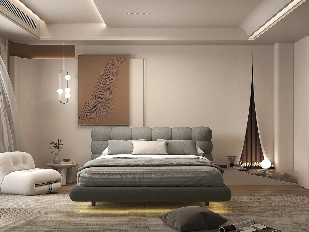 Pat dormitor dumonde, tapitat gri cu LED, "floating bed" Cloud 140x200 cm, somiera inclusa