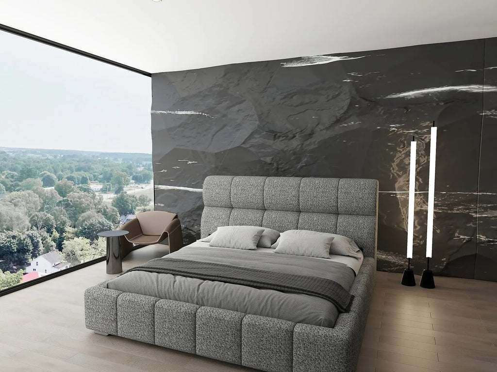 Pat dormitor dumonde, tapitat grey, Prestige 180x200 cm, somiera rabatabila inclusa, spatiu depozitare