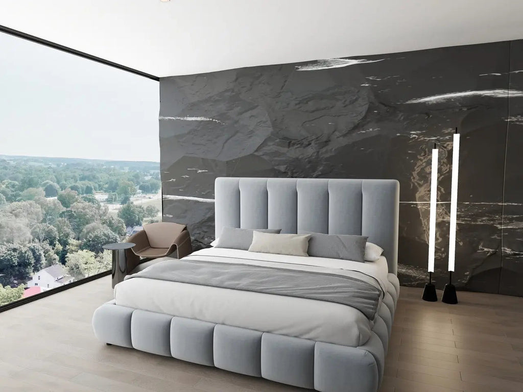 Pat dormitor dumonde, tapitat gri, Divaneo 180x200 cm, somiera rabatabila inclusa, spatiu depozitare
