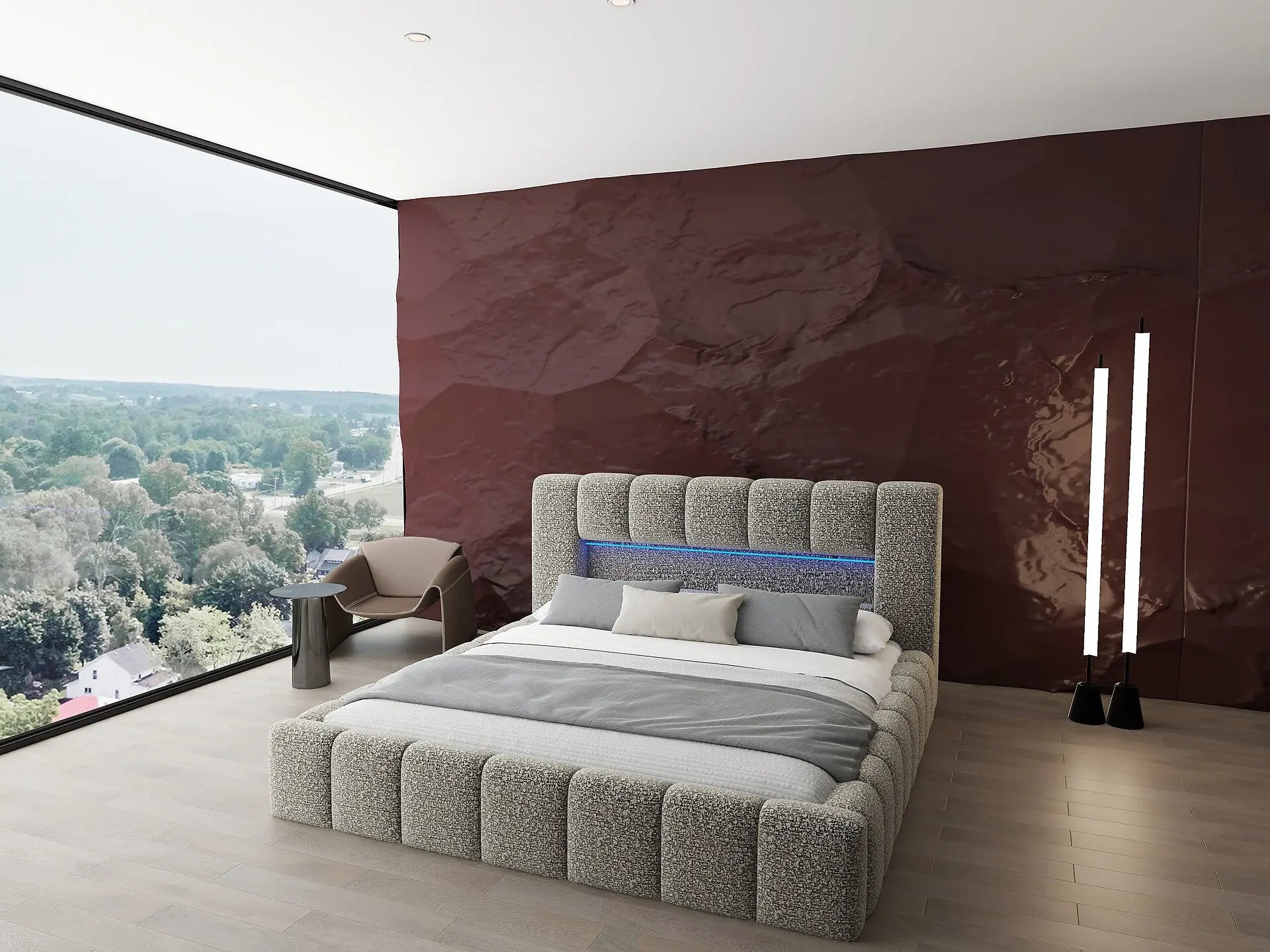 Pat dormitor dumonde, tapitat bej cu LED si USB, Palermo 160x200 cm, somiera rabatabila inclusa, spatiu depozitare