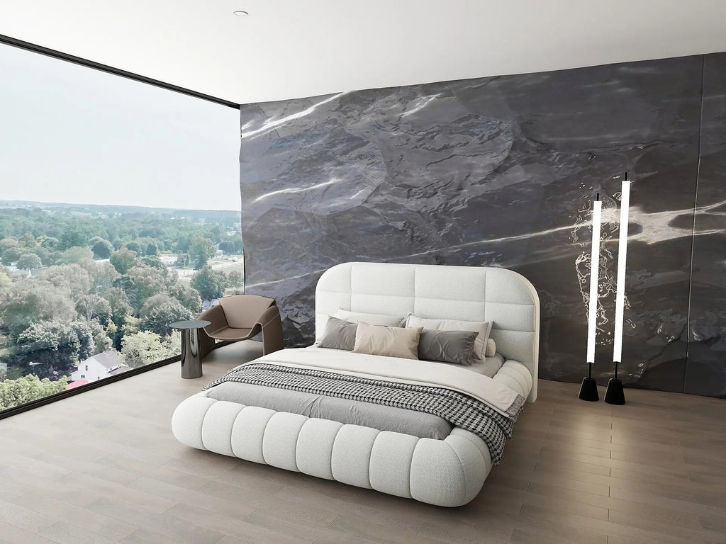 Pat dormitor dumonde, tapitat alb, Senso 160x200 cm, somiera rabatabila inclusa, spatiu depozitare