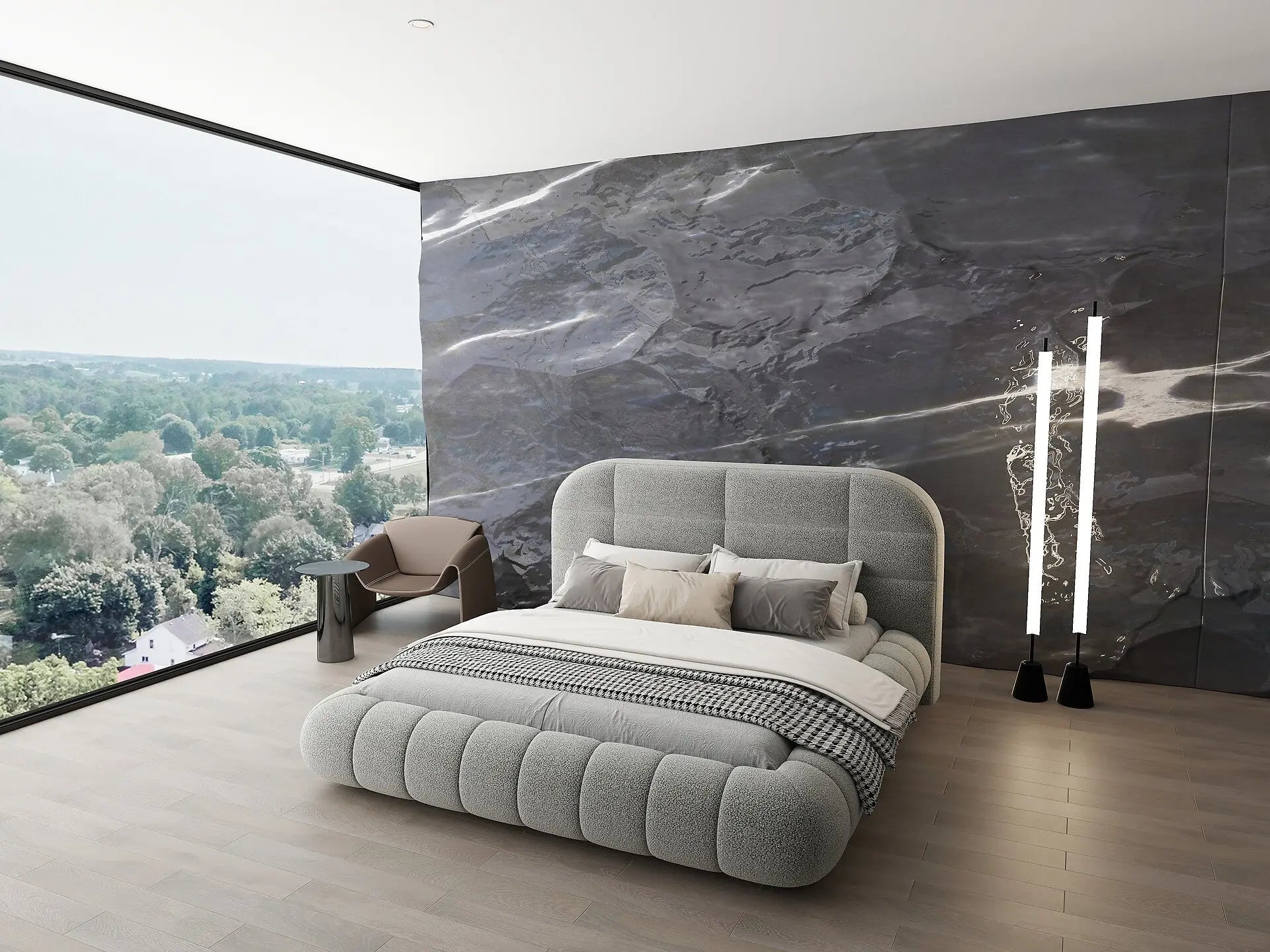 Pat dormitor dumonde, tapitat gri, Senso 160x200 cm, somiera rabatabila inclusa, spatiu depozitare