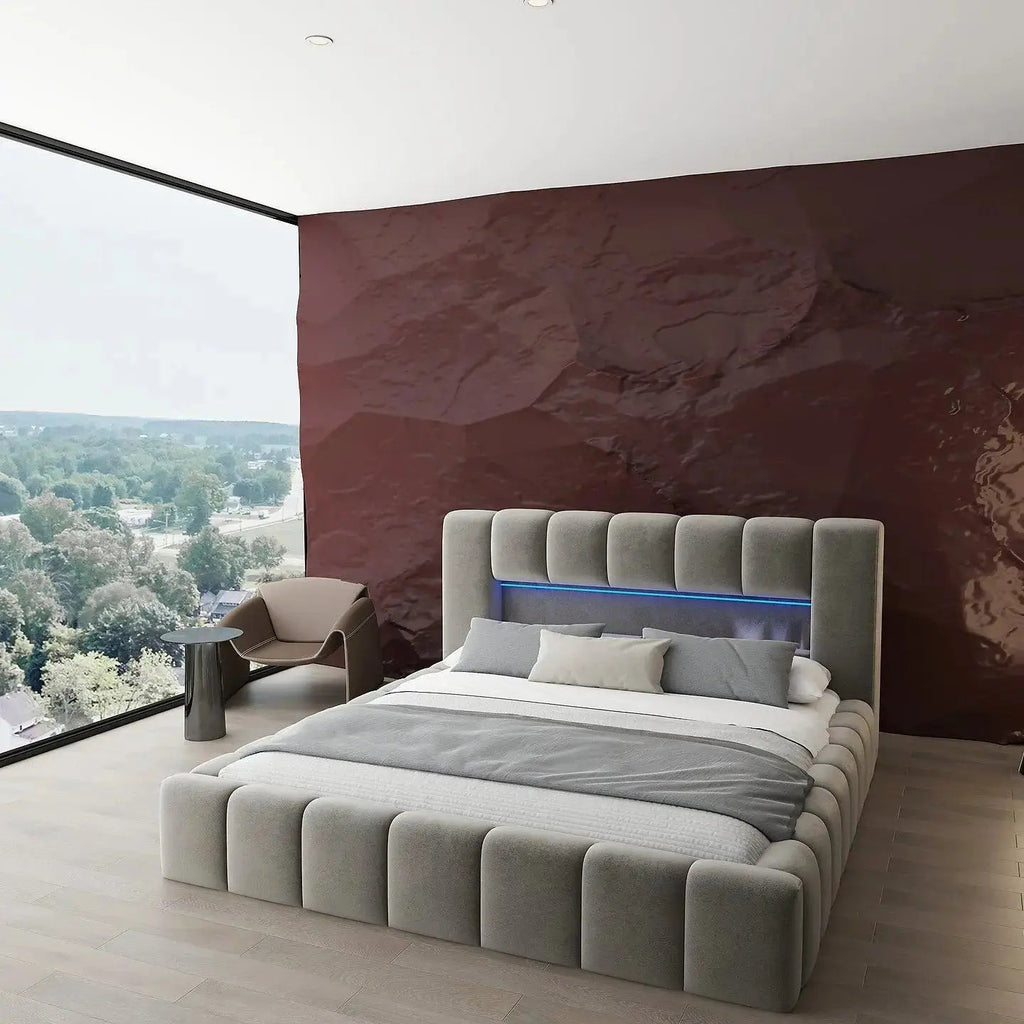 Pat dormitor dumonde, tapitat bej cu LED si USB, Palermo 160x200 cm, somiera rabatabila inclusa, spatiu depozitare