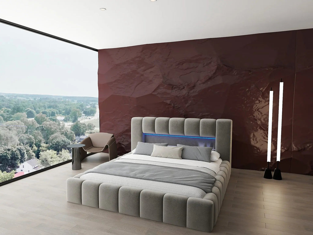 Pat dormitor dumonde, tapitat bej cu LED si USB, Palermo 180x200 cm, somiera rabatabila inclusa, spatiu depozitare