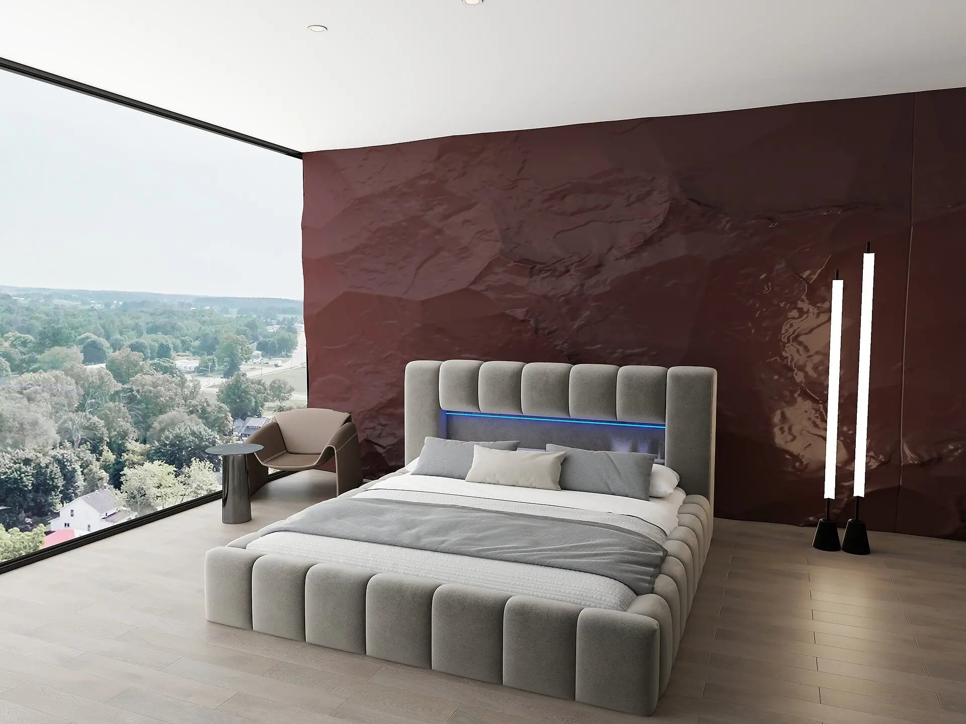 Pat dormitor dumonde, tapitat bej cu LED si USB, Palermo 180x200 cm, somiera rabatabila inclusa, spatiu depozitare