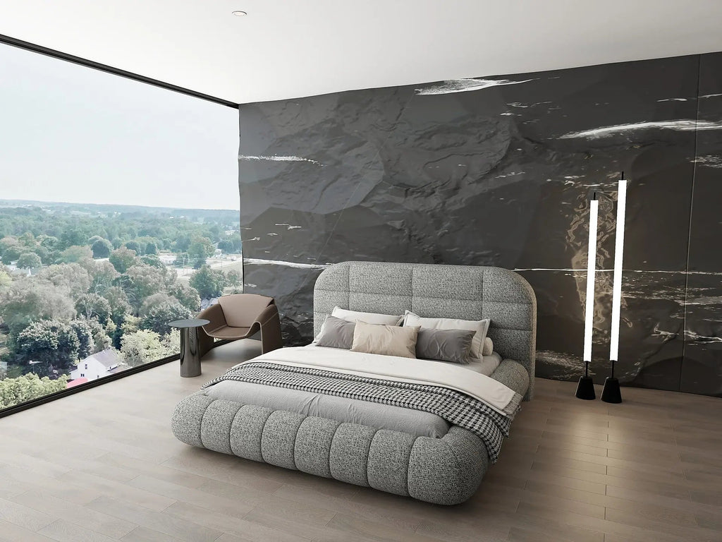 Pat dormitor dumonde, tapitat gri, Senso 180x200 cm, somiera rabatabila inclusa, spatiu depozitare