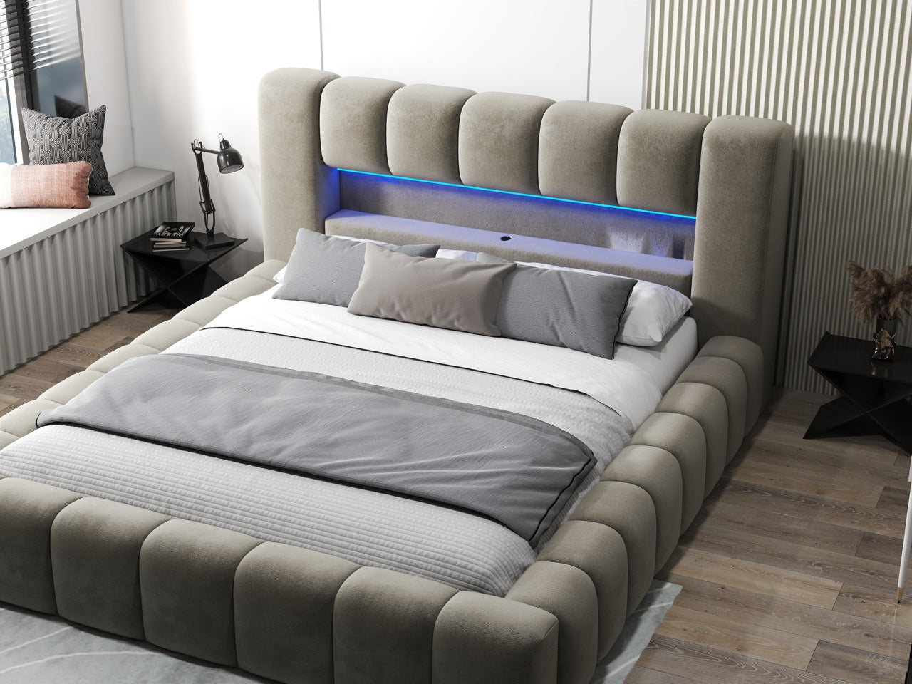 Pat dormitor dumonde, tapitat bej cu LED si USB, Palermo 160x200 cm, somiera rabatabila inclusa, spatiu depozitare