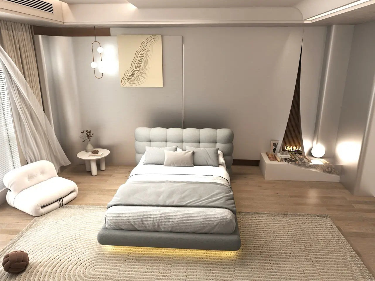 Pat dormitor dumonde, tapitat gri cu LED, "floating bed" Cloud 180x200 cm, somiera inclusa