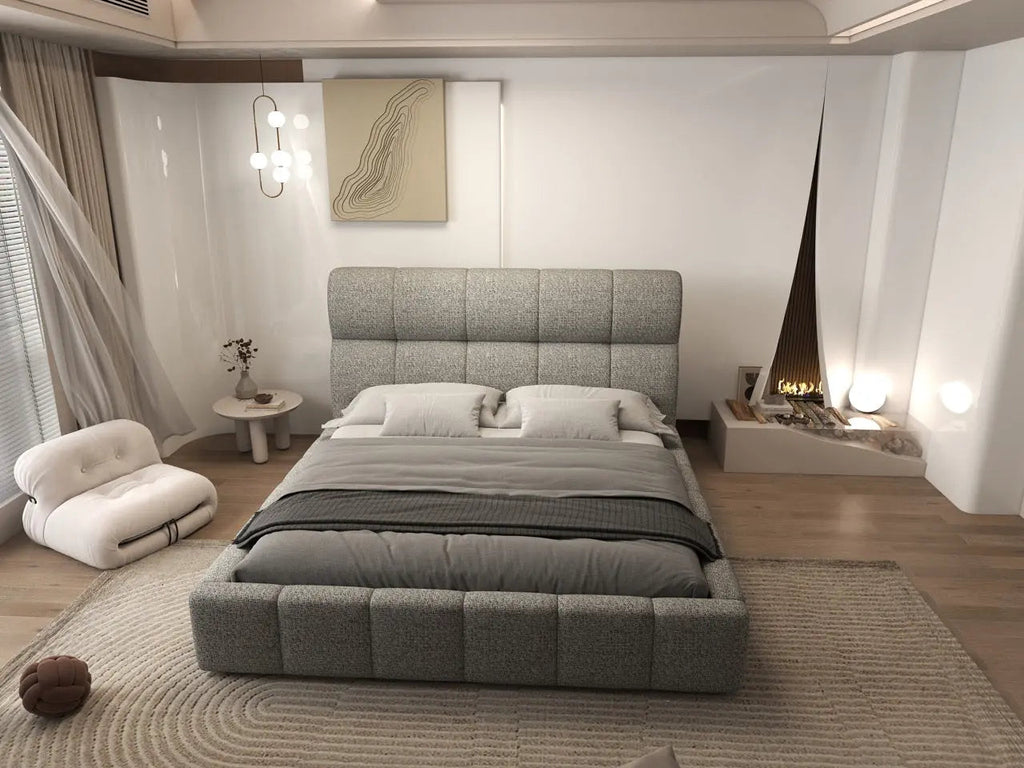 Pat dormitor dumonde, tapitat bej, Prestige 180x200 cm, somiera rabatabila inclusa, spatiu depozitare