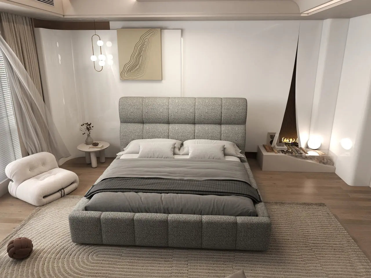 Pat dormitor dumonde, tapitat bej, Prestige 180x200 cm, somiera rabatabila inclusa, spatiu depozitare