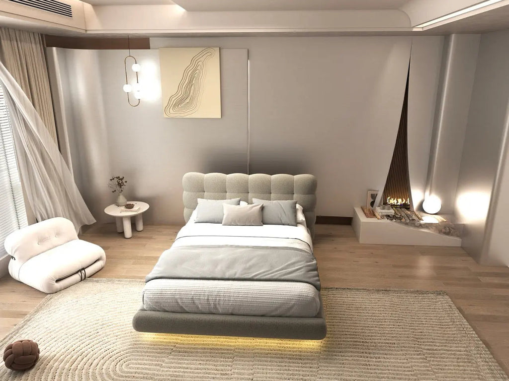 Pat dormitor dumonde, tapitat bej cu LED, "floating bed" Cloud 160x200 cm, somiera inclusa