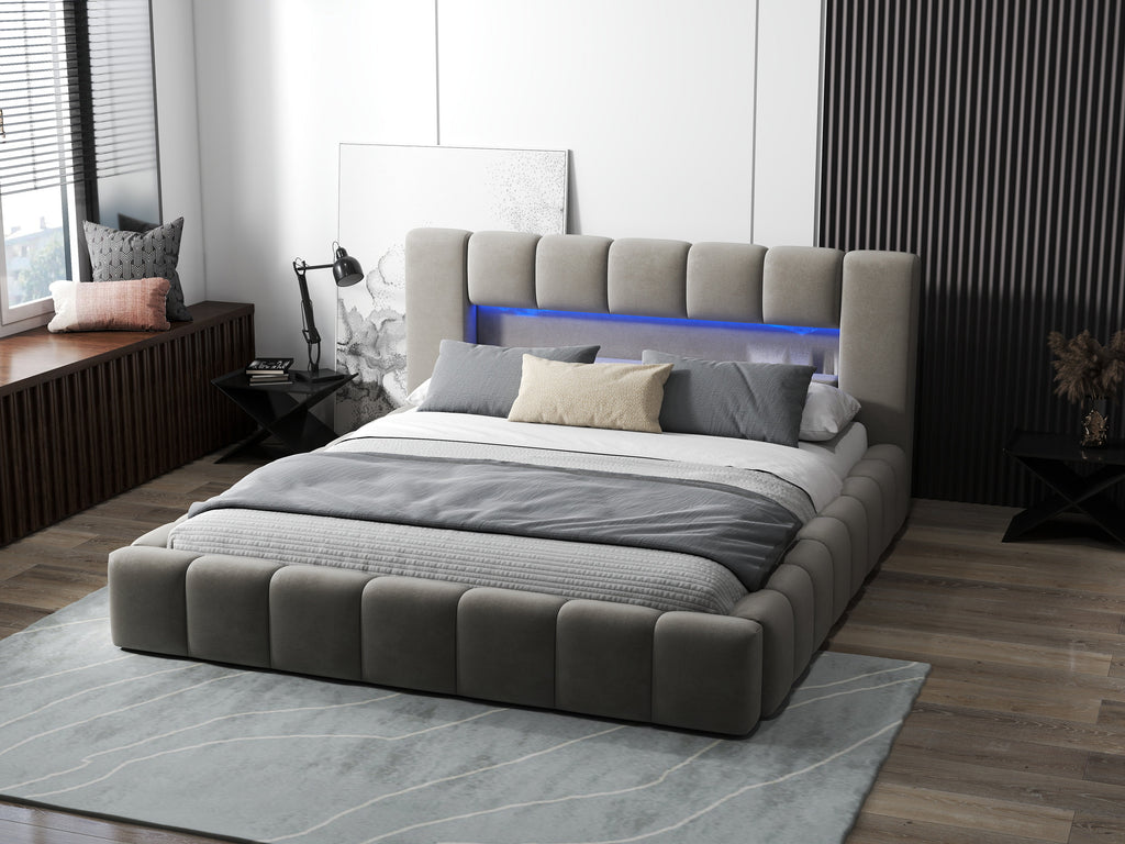 Pat dormitor dumonde, tapitat bej cu LED si USB, Palermo 180x200 cm, somiera rabatabila inclusa, spatiu depozitare