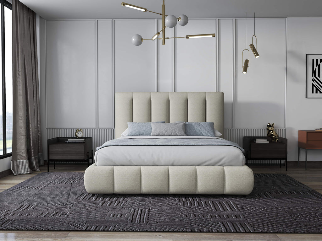Pat dormitor dumonde, tapitat gri, Divaneo 160x200 cm, somiera rabatabila inclusa, spatiu depozitare