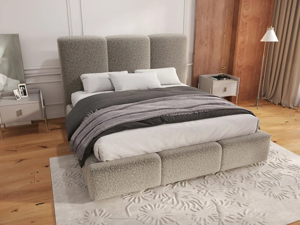 Pat dormitor dumonde, tapitat gri, Dinasty 160x200 cm, somiera rabatabila inclusa, spatiu depozitare
