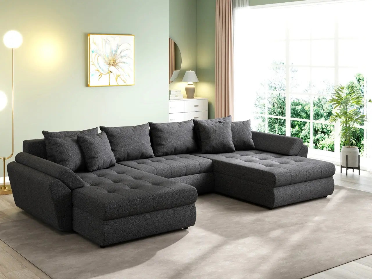 Colțar extensibil dumonde cu ladă de depozitare si sezut confortabil din spuma high-density, Loana U Enjoy Grafit 355x185 cm
