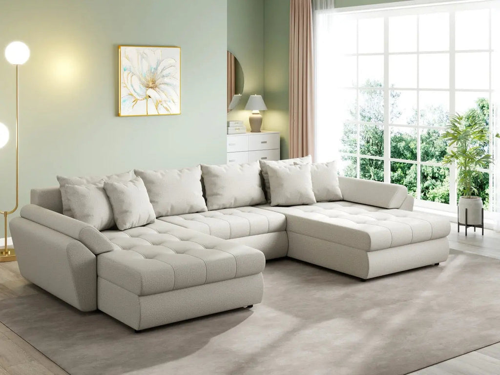 Colțar extensibil dumonde cu ladă de depozitare si sezut confortabil din spuma high-density, Loana U Enjoy Bej 355x185 cm