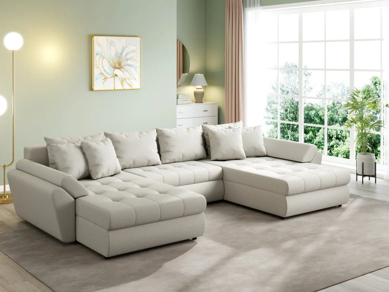 Colțar extensibil dumonde cu ladă de depozitare si sezut confortabil din spuma high-density, Loana U Enjoy Bej 355x185 cm
