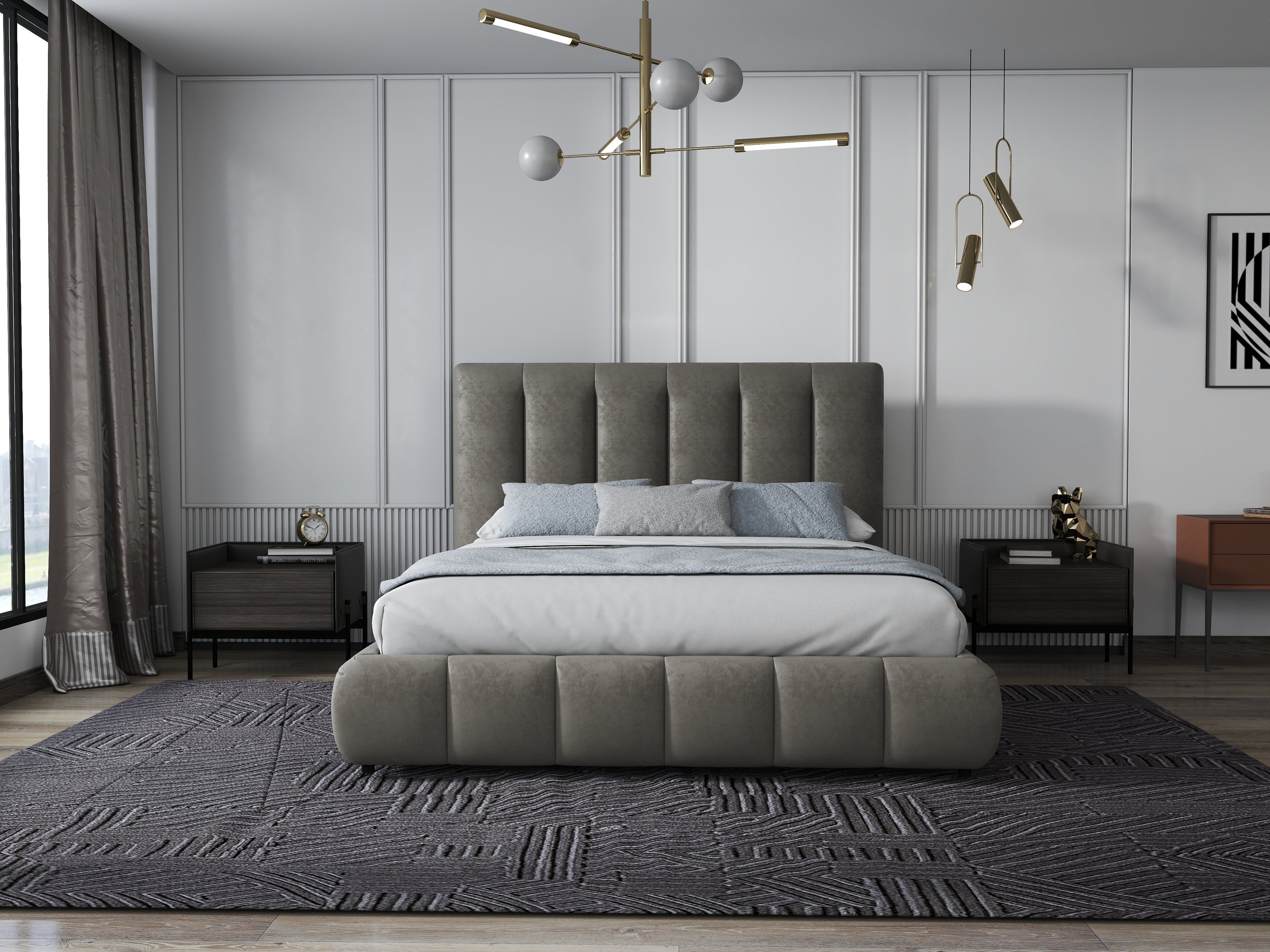 Pat dormitor dumonde, tapitat bej, Divaneo 160x200 cm, somiera rabatabila inclusa, spatiu depozitare