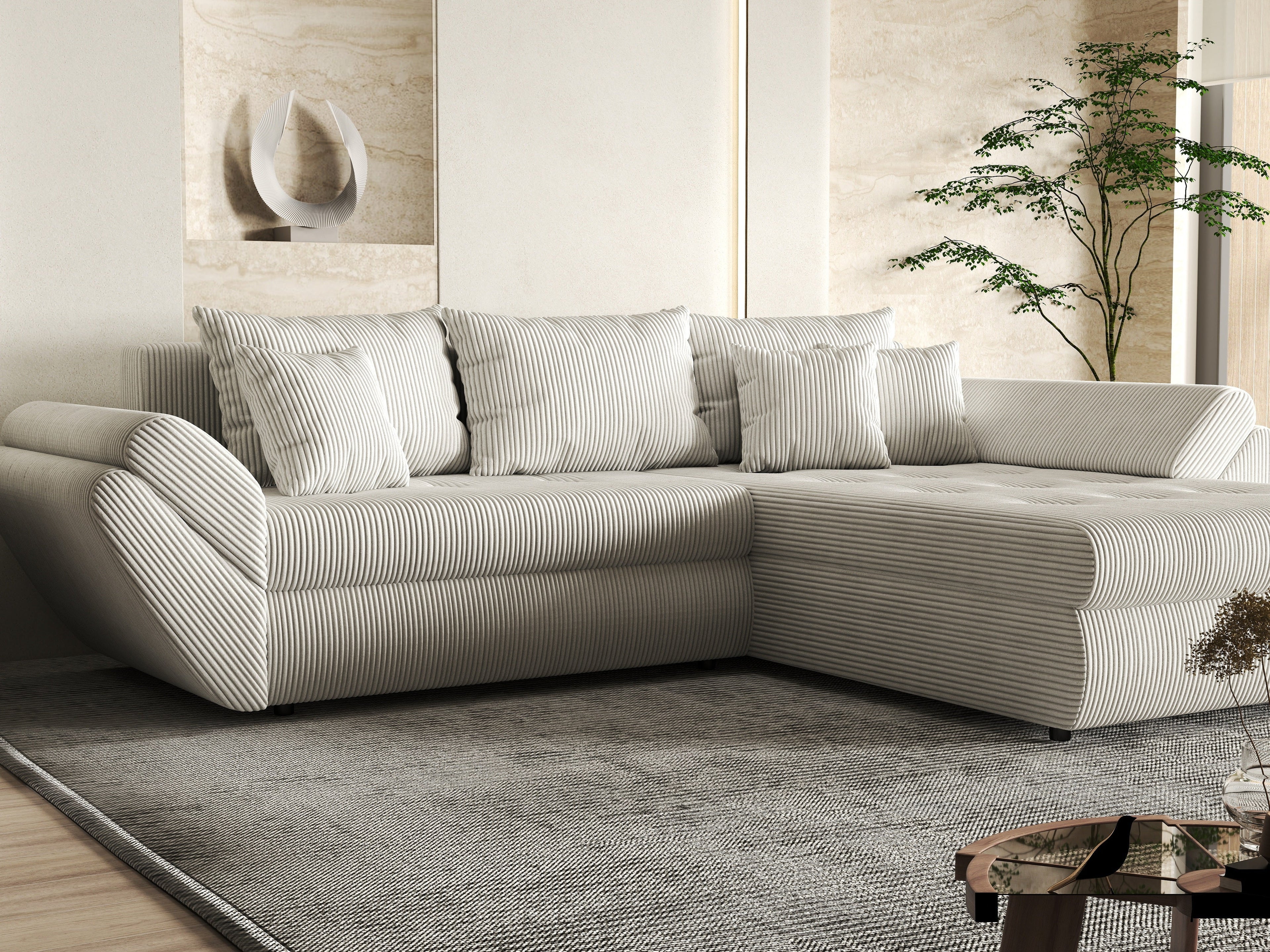 Colțar extensibil dumonde cu ladă de depozitare si sezut confortabil din spuma high-density, Loana Zoom Crem II 270x185 cm