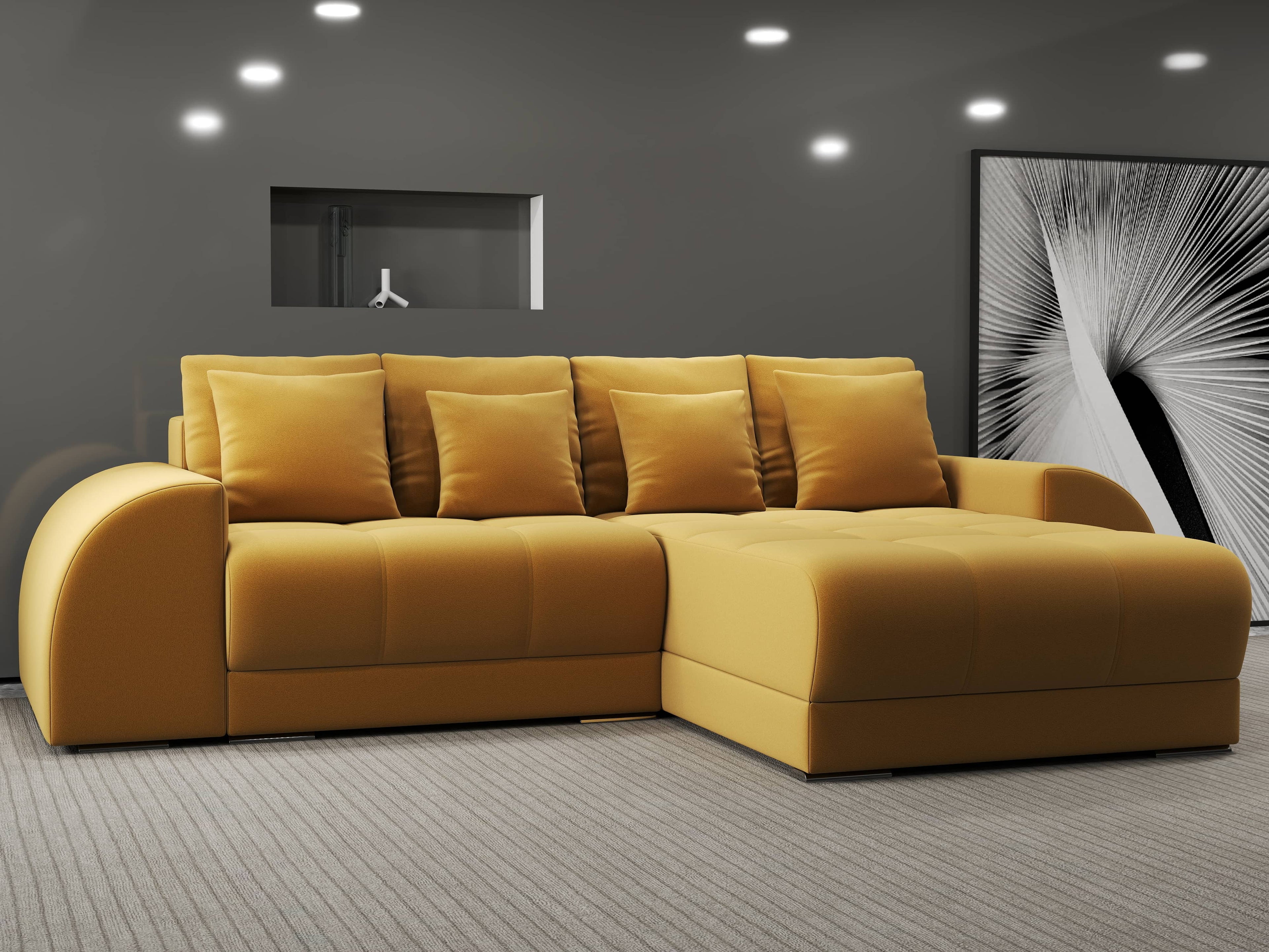 Colțar extensibil dumonde cu ladă de depozitare si sezut confortabil din spuma high-density, Verona Royal Mustar II 290x185 cm