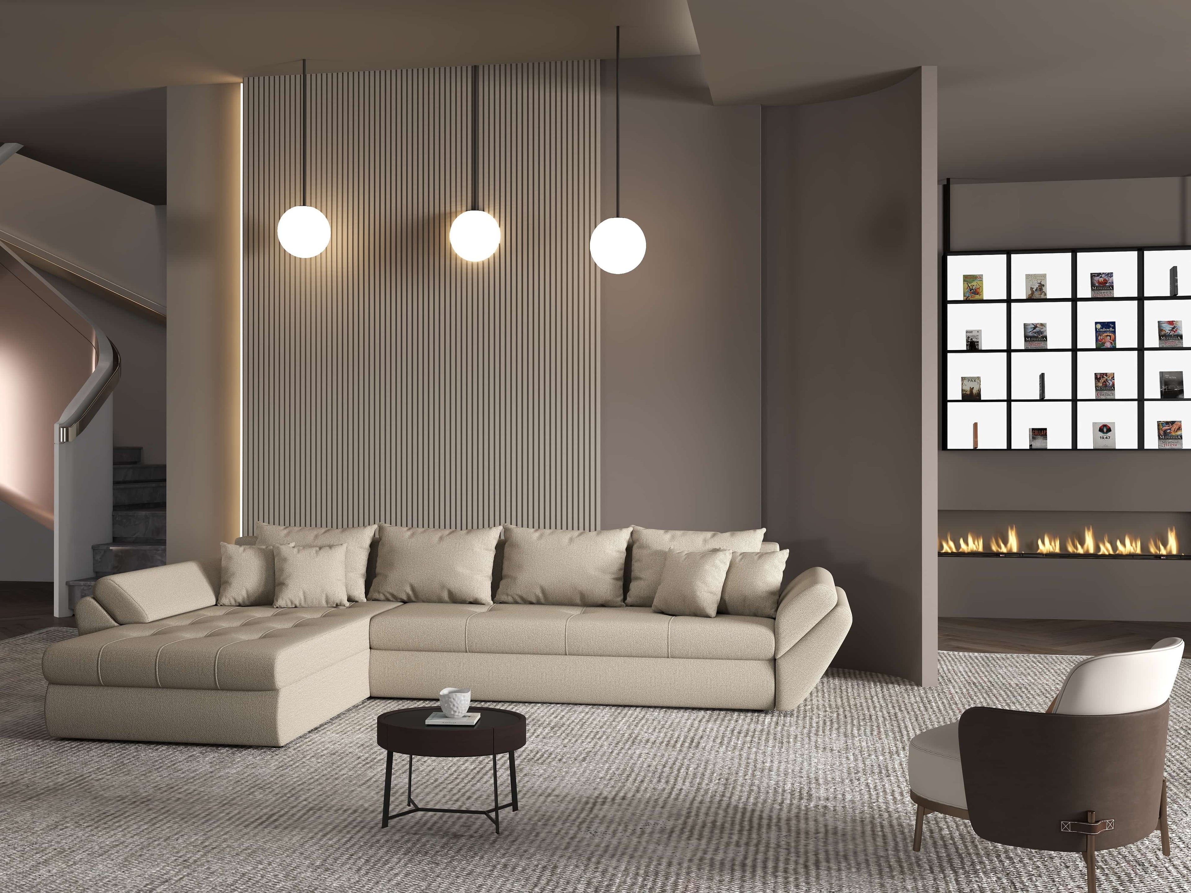 Colțar extensibil dumonde cu ladă de depozitare si sezut confortabil din spuma high-density, Loana XL Enjoy Camel 335x185 cm