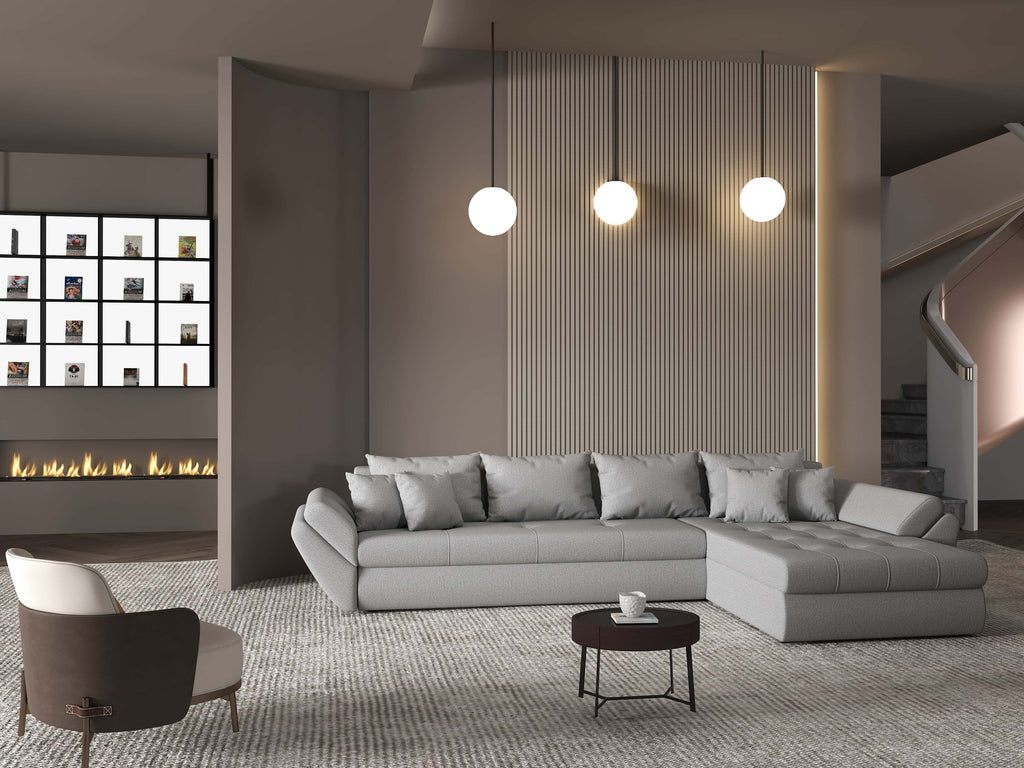 Colțar extensibil dumonde cu ladă de depozitare si sezut confortabil din spuma high-density, Loana XL Enjoy Gri II 335x185 cm