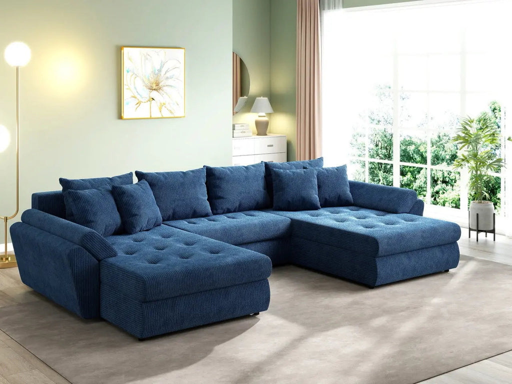 Colțar extensibil dumonde cu ladă de depozitare si sezut confortabil din spuma high-density, Loana U Zoom Blue 355x185 cm