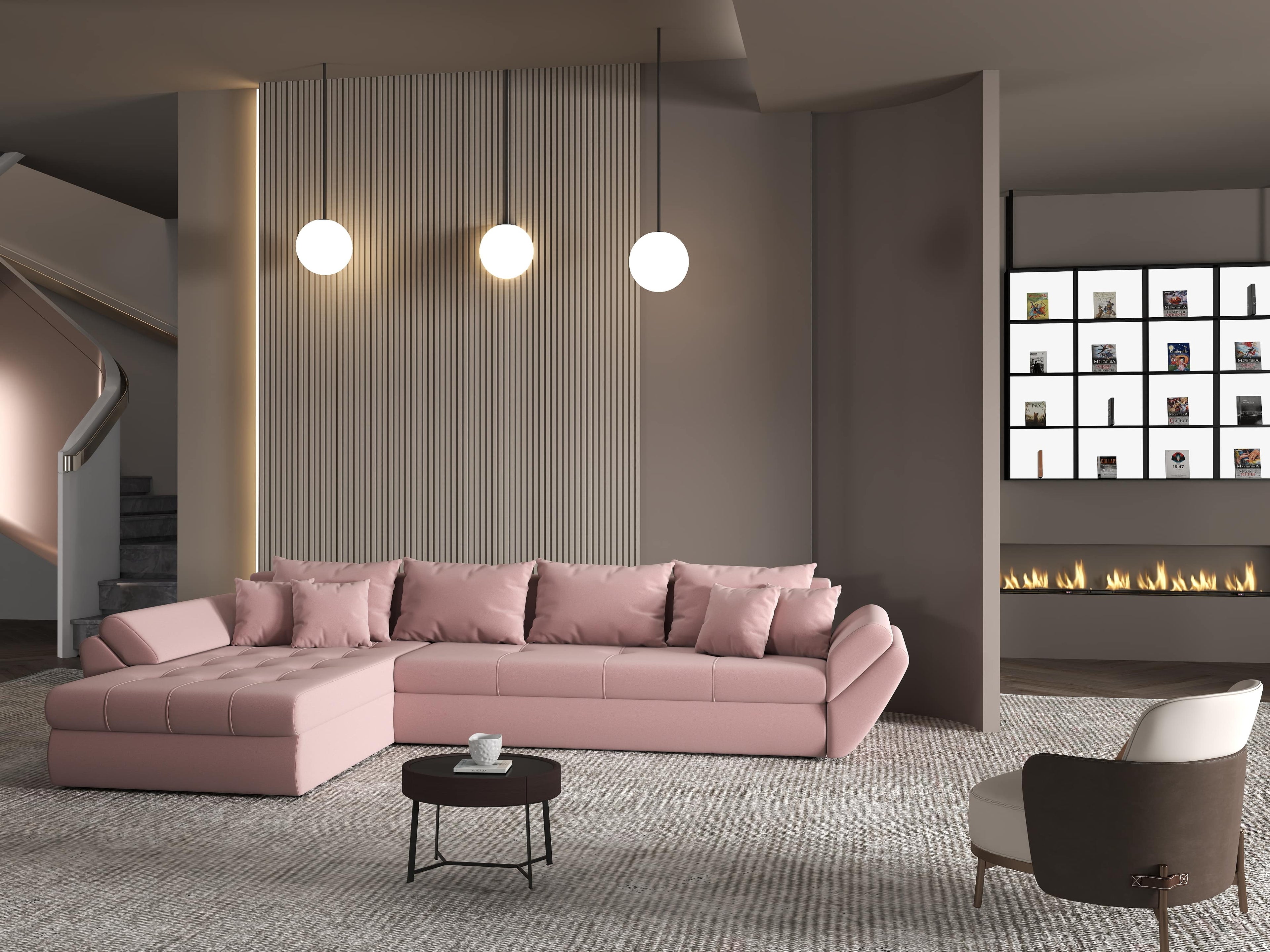 Colțar extensibil dumonde cu ladă de depozitare si sezut confortabil din spuma high-density, Loana XL Royal Roz 335x185 cm