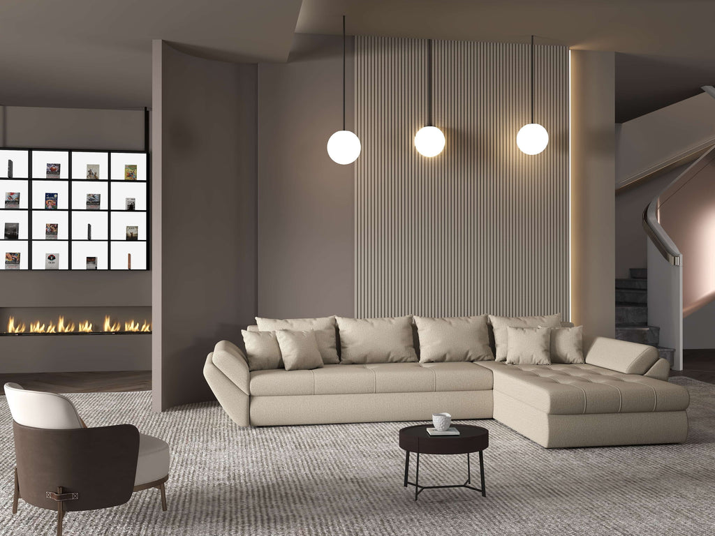 Colțar extensibil dumonde cu ladă de depozitare si sezut confortabil din spuma high-density, Loana XL Enjoy Camel II 335x185 cm