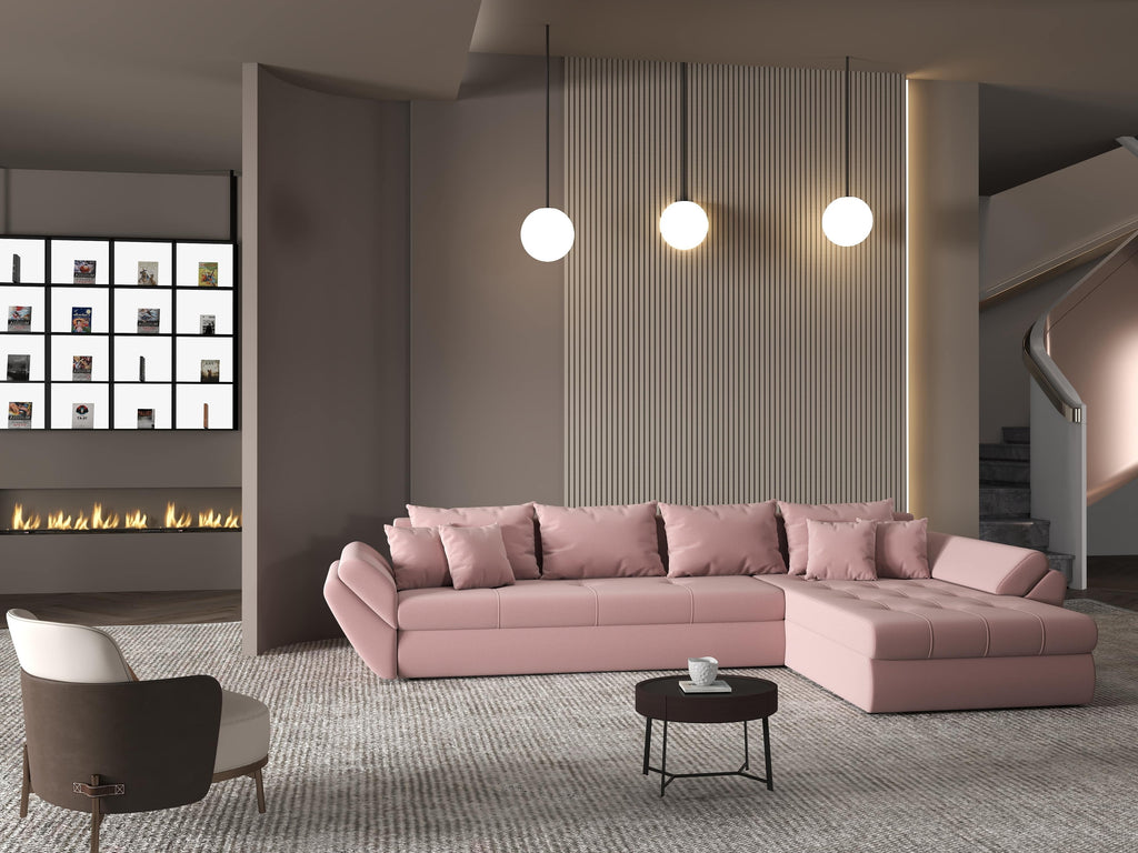 Colțar extensibil dumonde cu ladă de depozitare si sezut confortabil din spuma high-density, Loana XL Royal Roz II 335x185 cm