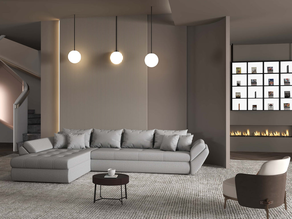 Colțar extensibil dumonde cu ladă de depozitare si sezut confortabil din spuma high-density, Loana XL Enjoy Gri 335x185 cm
