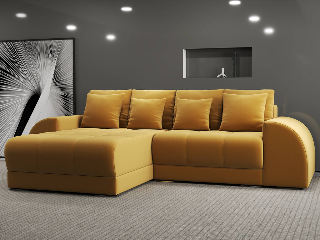 Colțar extensibil dumonde cu ladă de depozitare si sezut confortabil din spuma high-density, Verona Royal Mustar 290x185 cm