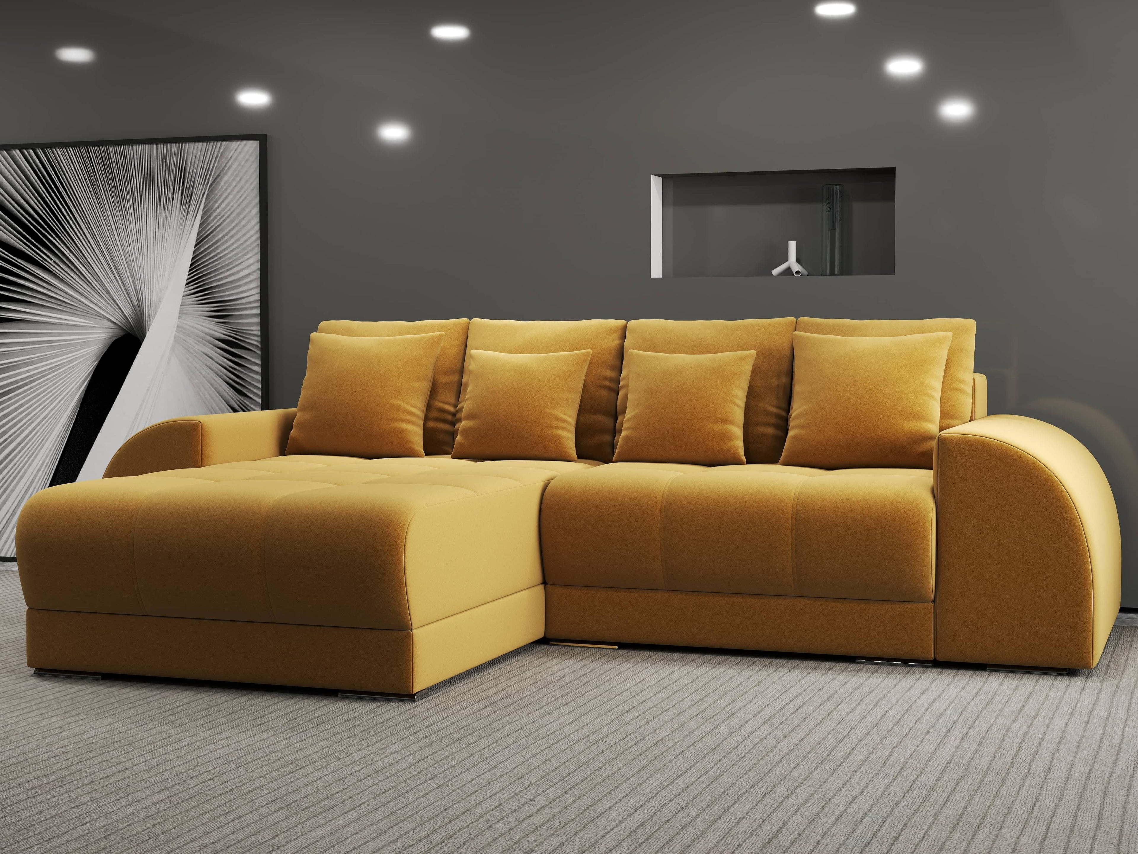 Colțar extensibil dumonde cu ladă de depozitare si sezut confortabil din spuma high-density, Verona Royal Mustar 290x185 cm