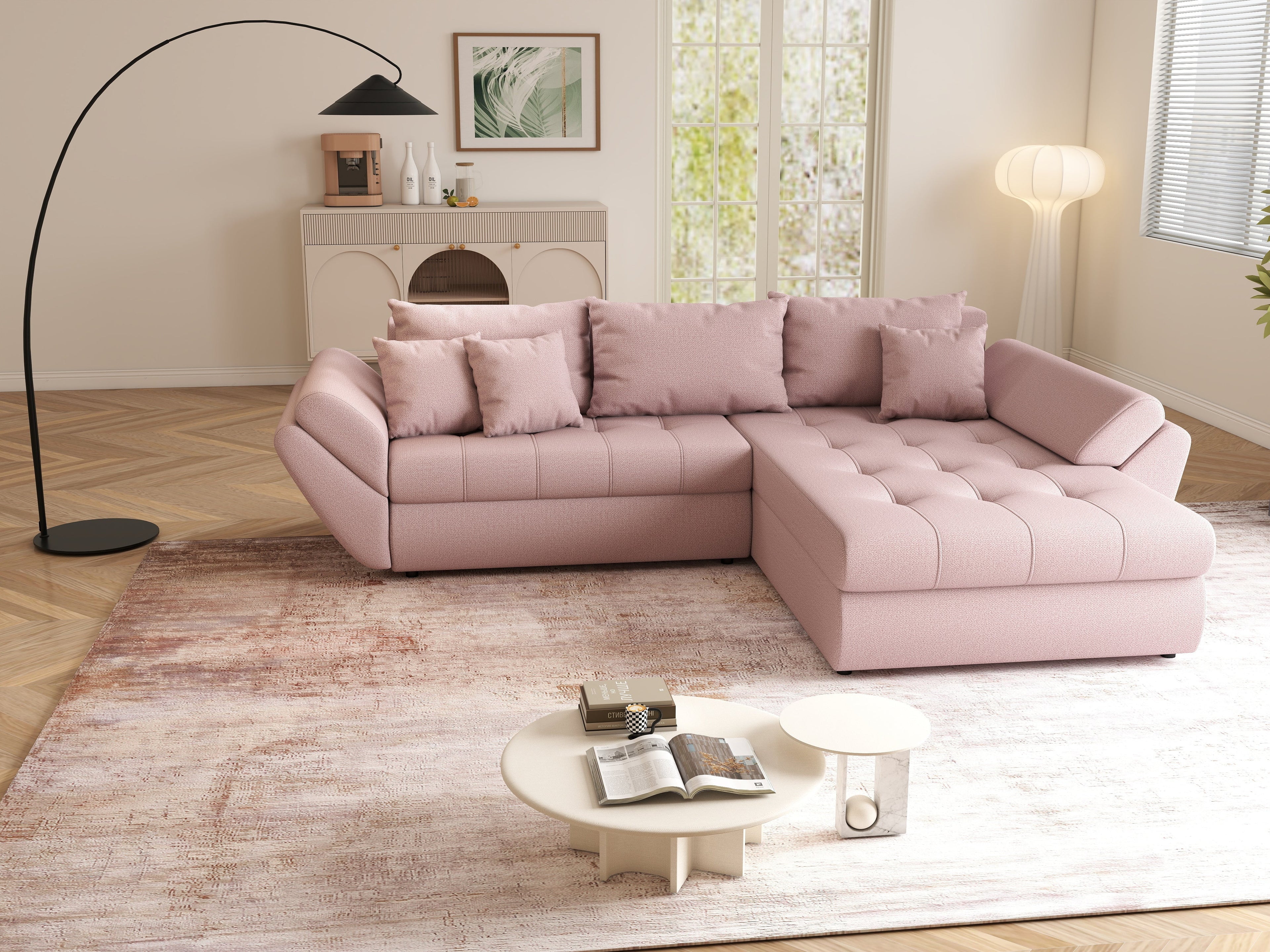 Colțar extensibil dumonde cu ladă de depozitare si sezut confortabil din spuma high-density, Loana Enjoy Flamingo II 270x185 cm