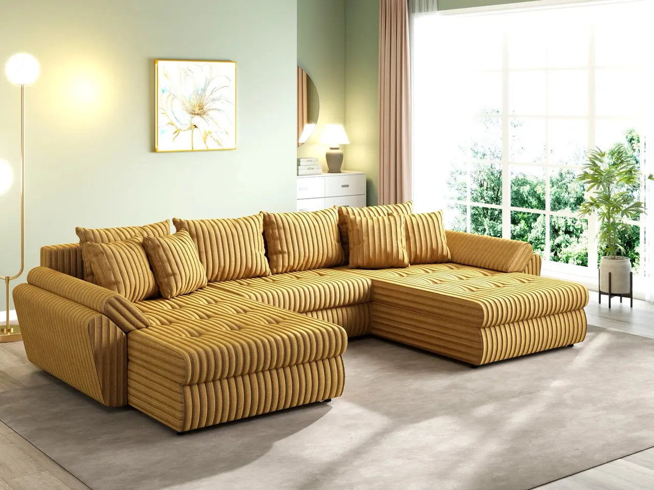 Colțar extensibil dumonde cu ladă de depozitare si sezut confortabil din spuma high-density, Loana U Ambience Mustar 355x185 cm