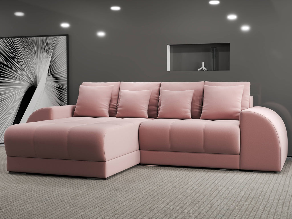 Colțar extensibil dumonde cu ladă de depozitare si sezut confortabil din spuma high-density, Verona Royal Roz 290x185 cm