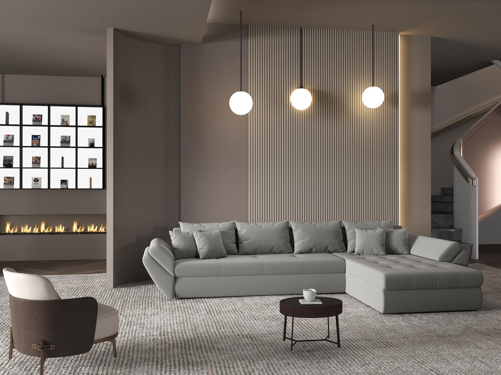 Colțar extensibil dumonde cu ladă de depozitare si sezut confortabil din spuma high-density, Loana XL Royal Gri II 335x185 cm