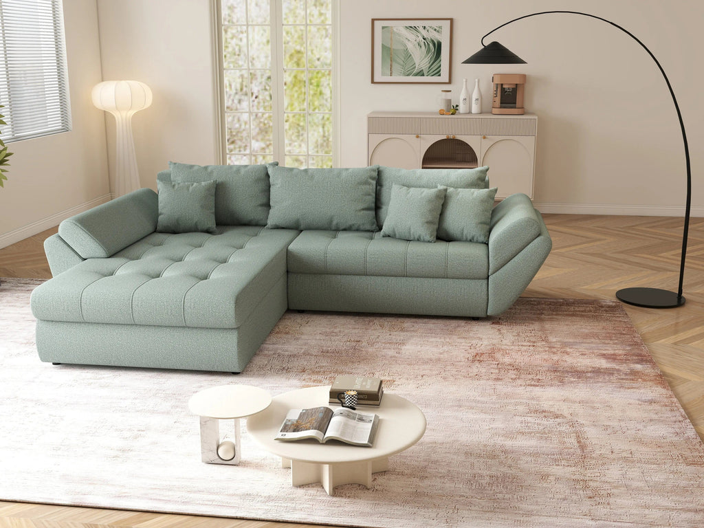 Colțar extensibil dumonde cu ladă de depozitare si sezut confortabil din spuma high-density, Loana Enjoy Mint 270x185 cm