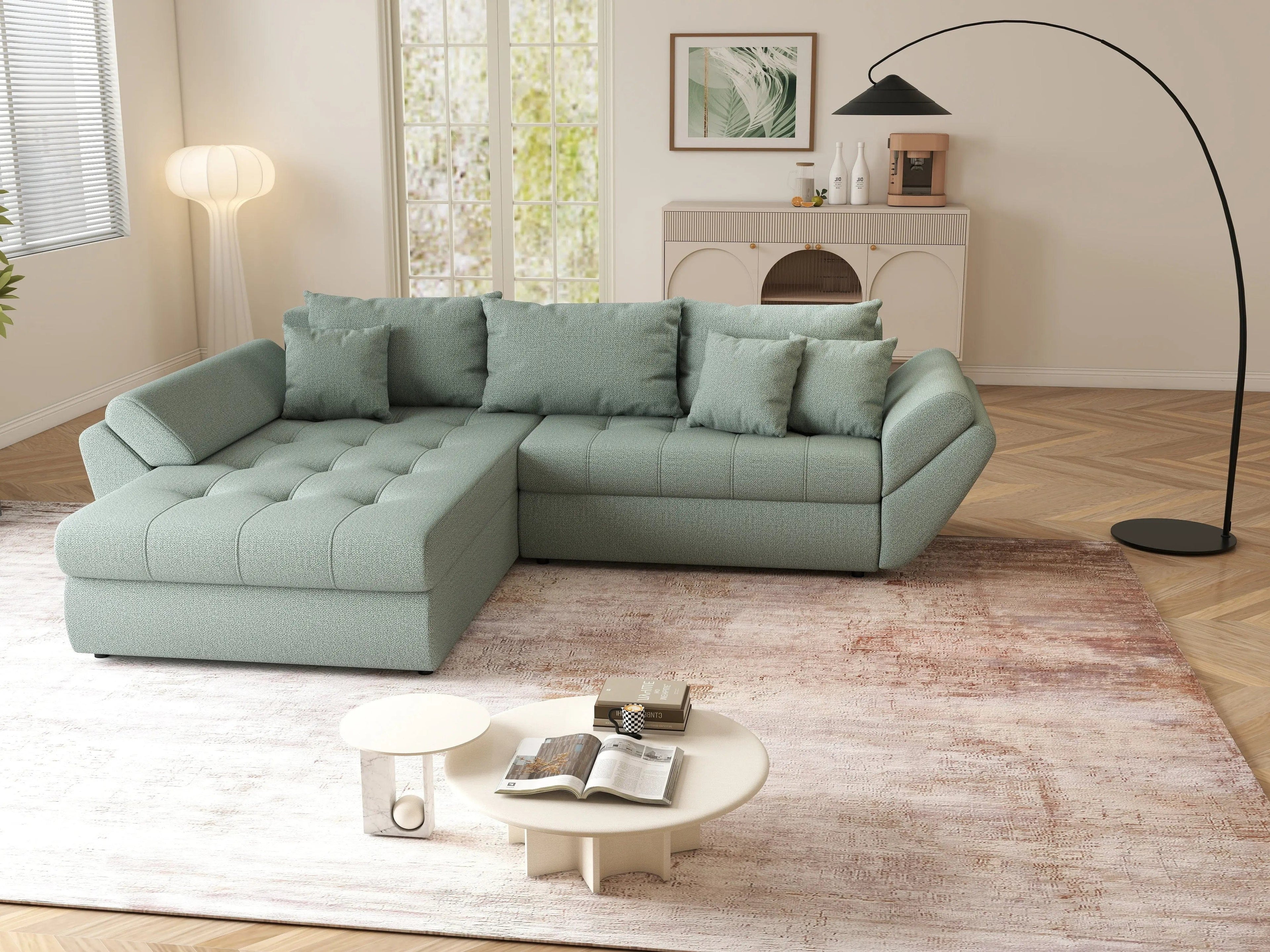 Colțar extensibil dumonde cu ladă de depozitare si sezut confortabil din spuma high-density, Loana Enjoy Mint 270x185 cm