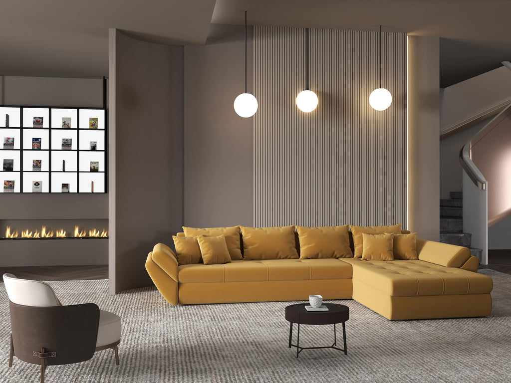 Colțar extensibil dumonde cu ladă de depozitare si sezut confortabil din spuma high-density, Loana XL Royal Mustar II 335x185 cm