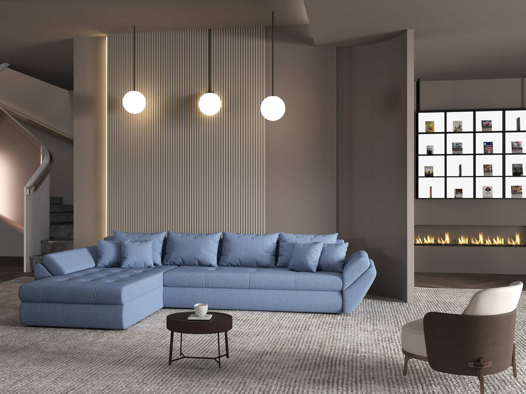 Colțar extensibil dumonde cu ladă de depozitare si sezut confortabil din spuma high-density, Loana XL Enjoy Albastru 335x185 cm