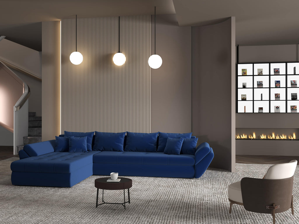 Colțar extensibil dumonde cu ladă de depozitare si sezut confortabil din spuma high-density, Loana XL Royal Albastru 335x185 cm