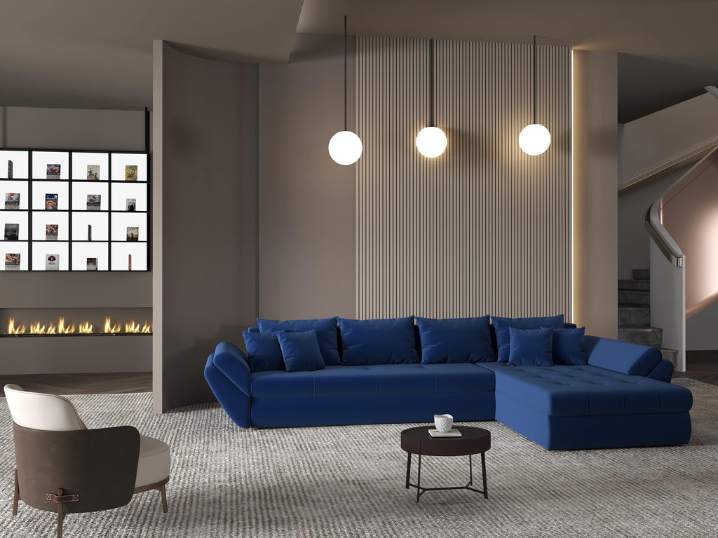 Colțar extensibil dumonde cu ladă de depozitare si sezut confortabil din spuma high-density, Loana XL Royal Albastru II 335x185 cm