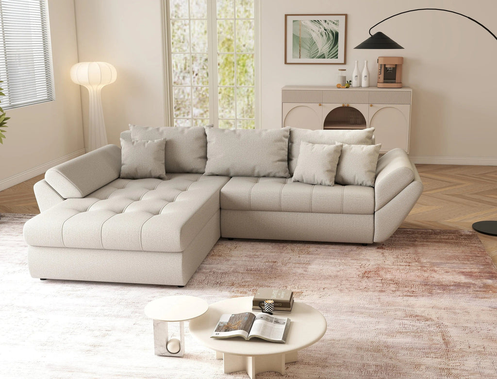 Colțar extensibil dumonde cu ladă de depozitare si sezut confortabil din spuma high-density, Loana Enjoy Bej 270x185 cm