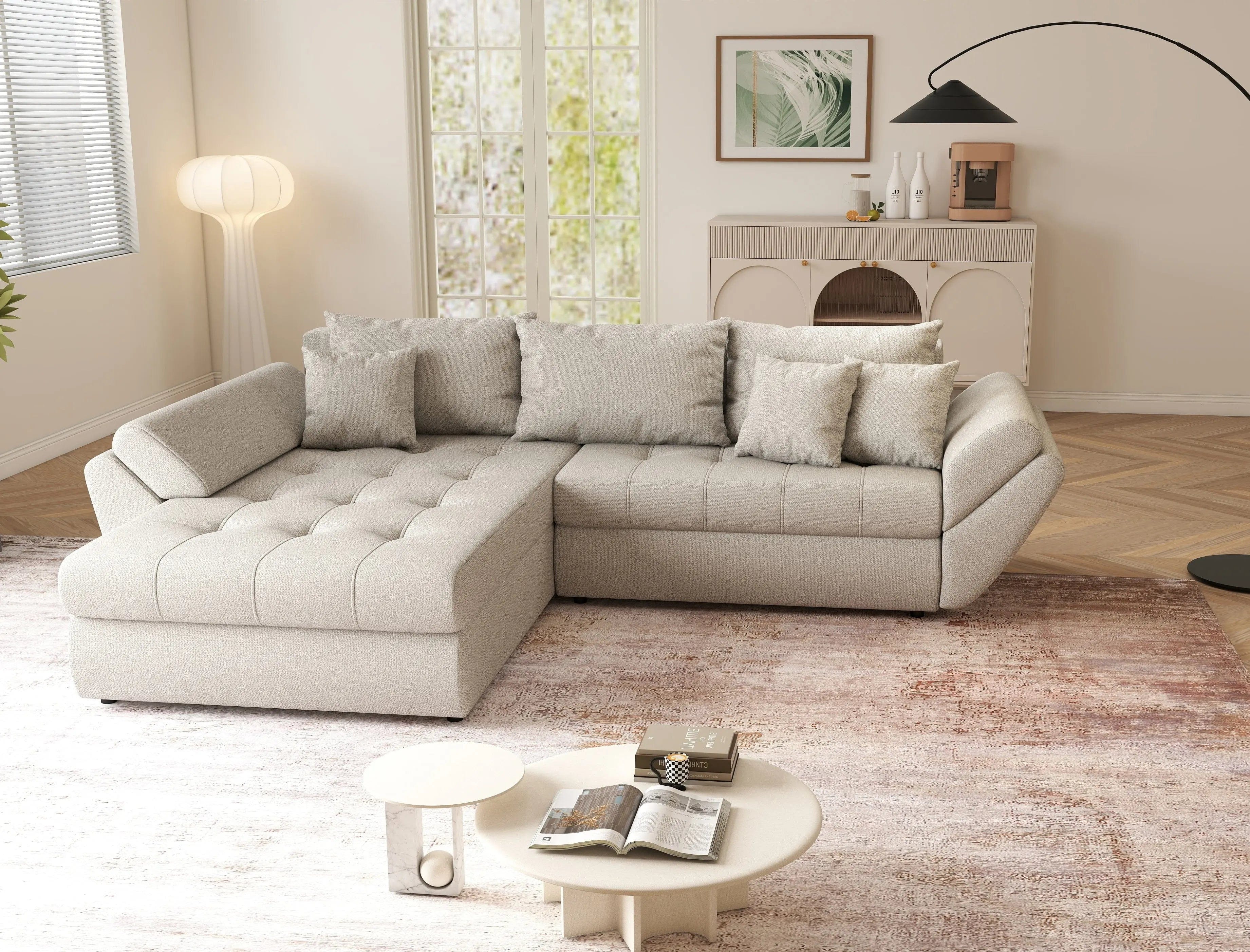 Colțar extensibil dumonde cu ladă de depozitare si sezut confortabil din spuma high-density, Loana Enjoy Bej 270x185 cm