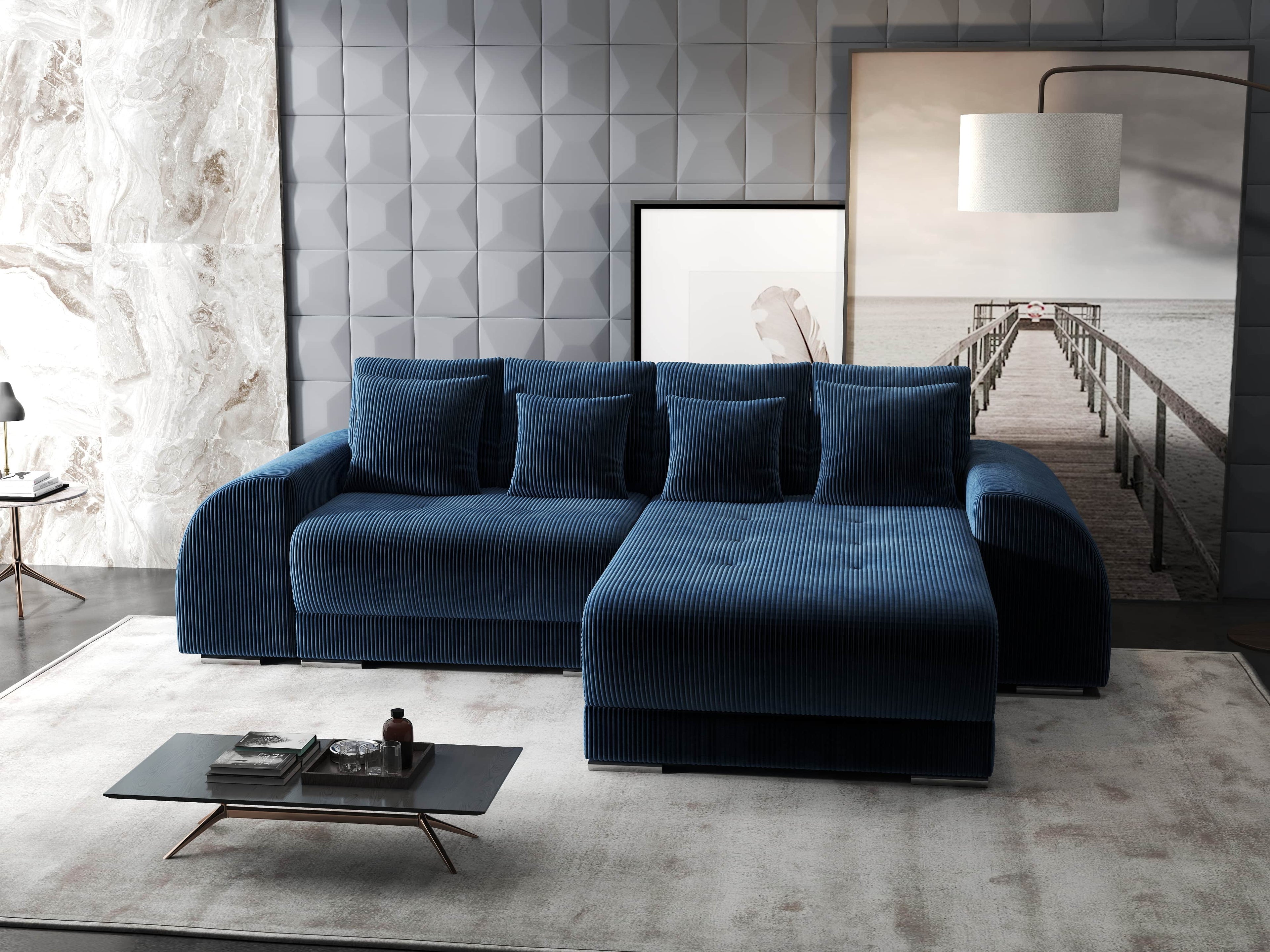 Colțar extensibil dumonde cu ladă de depozitare si sezut confortabil din spuma high-density, Verona Zoom Albastru II 290x185 cm