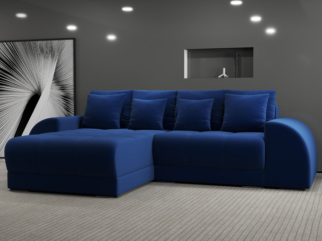 Colțar extensibil dumonde cu ladă de depozitare si sezut confortabil din spuma high-density, Verona Royal Albastru 290x185 cm