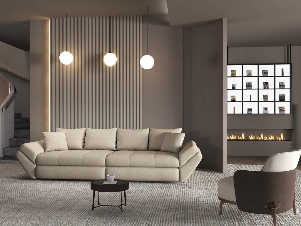 Canapea extensibilă dumonde cu ladă de depozitare si sezut confortabil din spuma high-density, Loana Enjoy Camel 300x100 cm