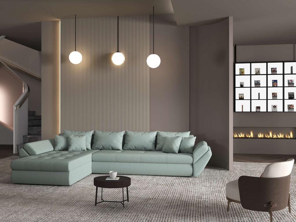 Colțar extensibil dumonde cu ladă de depozitare si sezut confortabil din spuma high-density, Loana XL Enjoy Mint 335x185 cm